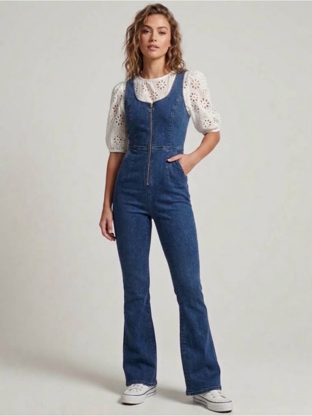 Forever 21 Dark Blue Denim Zip-Front Women's Flare Leg Jumpsuit - Size Small
